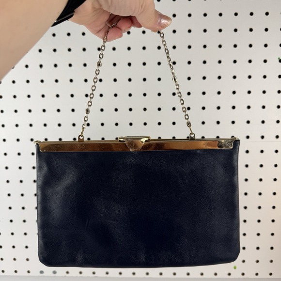Etra Handbags - 1960s minimalist glam navy leather clutch Etra gold frame evening bag